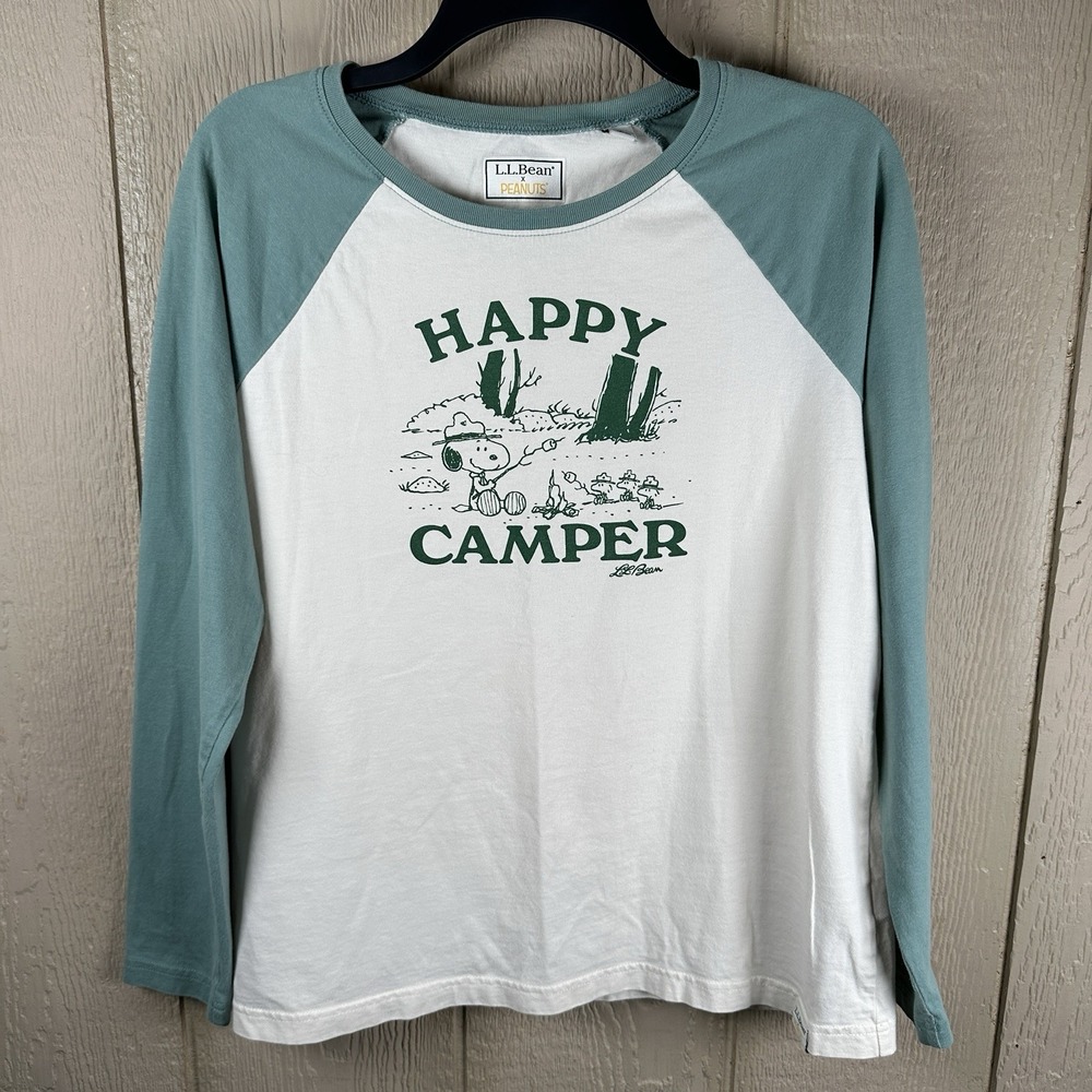 L.L.Bean Peanuts Snoopy Happy Camper Graphic Baseball T-Shirt Size Medium Green